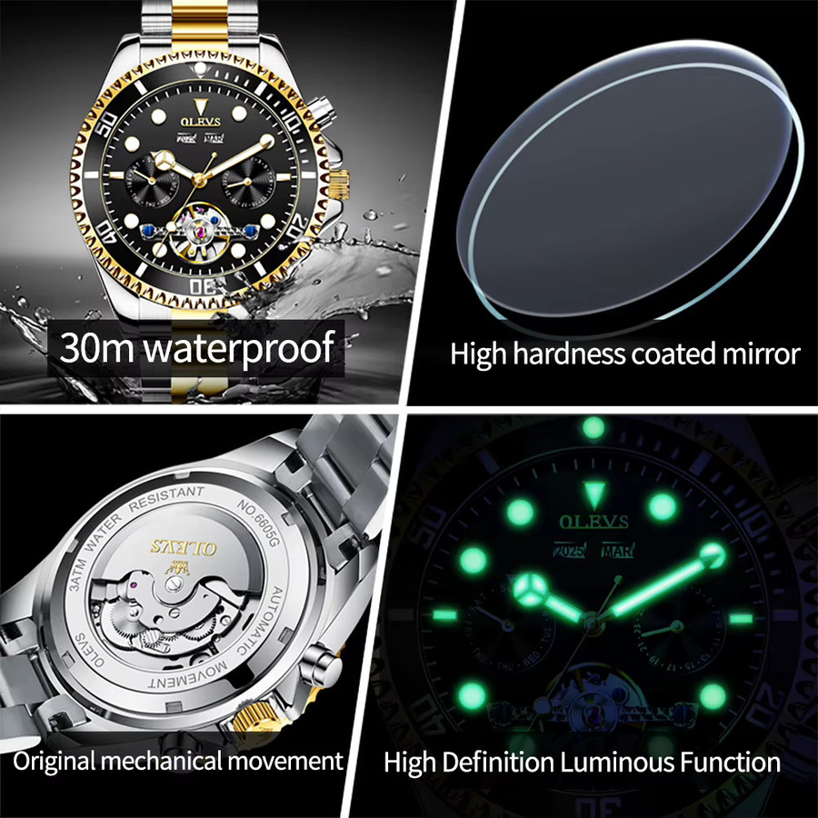 OLEVS Armbanduhr Automatik, Edelstahl, Schwarz, Gold, Herren - Bild 6