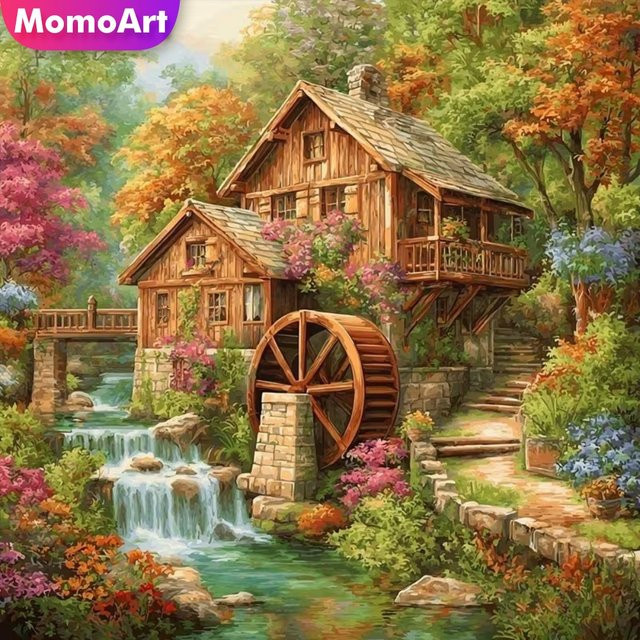 Momoart Diamant-Stickerei DIY Haus-Landschaftsgemälde mit Runddiamanten in Multicolour, B/T/H: 20 x 20 x 20 cm - Bild 1