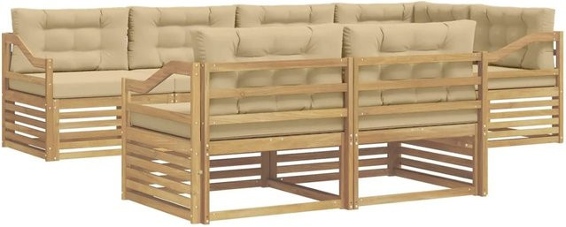 vidaXL Outdoor-Sofagarnitur 7-teilig in L-Form aus Akazienholz mit Kissen in Weiß und Beige - Bild 1