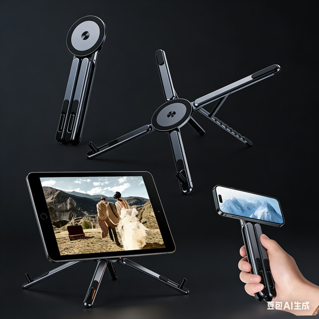 Hellodigi Multifunktionaler magnetischer Telefonhalter in Schwarz, faltbares Stativ und tragbarer Selfie-Stick-Desktop-Ständer für iPhone, iPad und Laptop - Bild 1