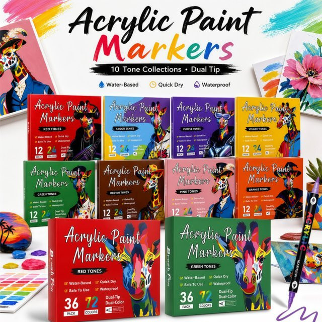 Kolorowys Acrylmarker Set mit Brush-Spitze in Mehrfarben und Rot für verschiedene Oberflächen - Bild 1