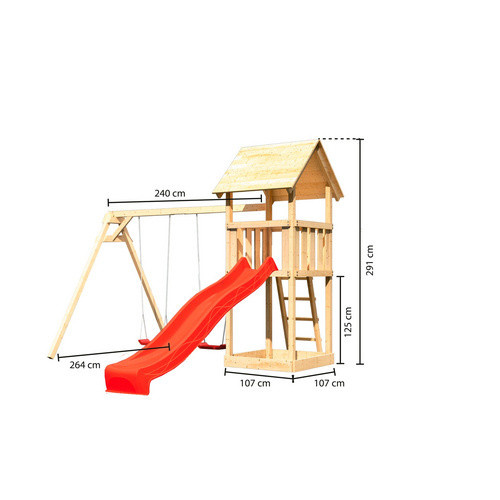 Karibu Spielturm Lotti mit Satteldach, Rutsche und Doppelschaukel in Rot und Braun - Bild 3