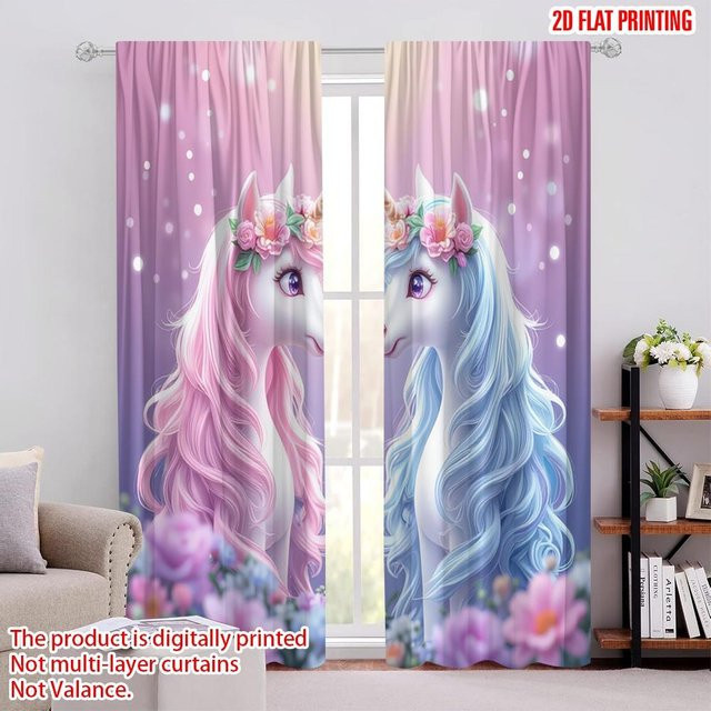 Set aus 2 Fenstergardinen mit Regenbogen und Einhorn Motiv in Multicolor, Polyester, B: 100 cm, H: 70 cm - Bild 1