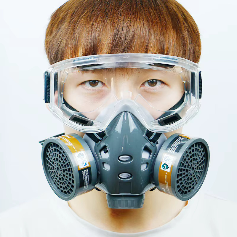 Karocola Atemschutzmasken-Set mit Dual-Kohlefiltern und Antibeschlagbrille in Grau für Malerei und chemische Industrie - Bild 5