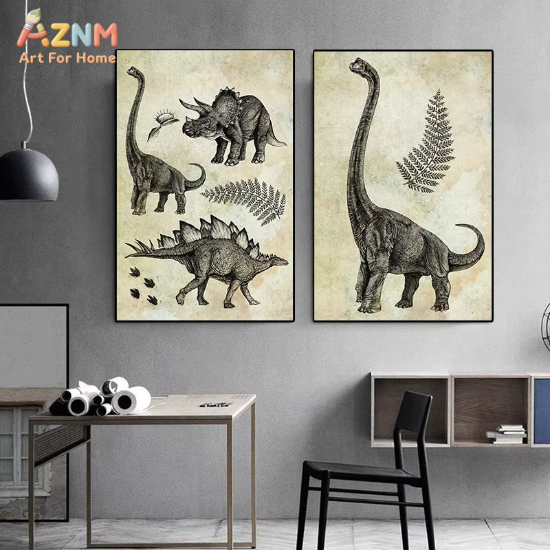 AZNM Vintage Dinosaurier-Skelett Anatomie Leinwand-Wandkunst mit T-Rex Fossil-Skizzen-Druck für deine Dekoration - Bild 2