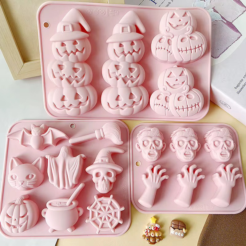 VERIDIAN Halloween Silikonformen Set in Pink für Fondant, Schokolade und Kuchendekoration mit Kürbiskopf, Fledermaus, Besen und Hexenhut - Bild 1