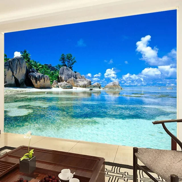 Personalisierbare 3D Vlies Tapete mit Ozean und Strand Motiv in Blau für dein Wohnzimmer oder Schlafzimmer - Bild 1