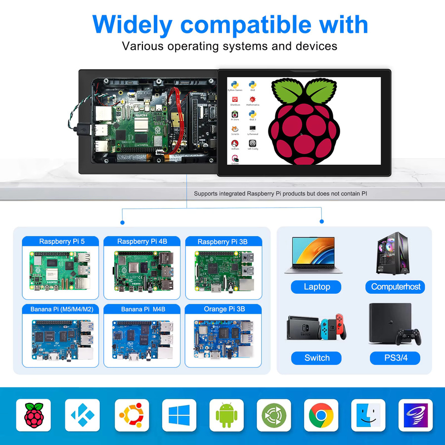 UNEW 8 Zoll Raspberry Pi 5 LCD-Touchscreen Display mit 1280 x 800 Auflösung, HDMI und USB, Schwarz, inklusive eingebautem Lüfter und Lautsprecher - Bild 3