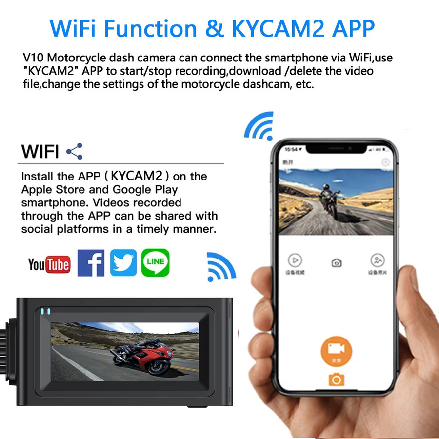 Motorrad Dash Cam Recorder mit Touchscreen, WiFi, GPS und Doppel-Objektiv in Full HD 1080p, wasserdicht, Schwarz - Bild 3