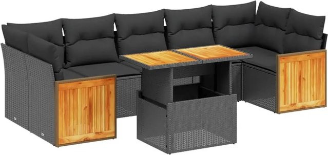 vidaXL 8-teilige Garten-Sofagarnitur aus Poly-Rattan und Akazienholz in Schwarz mit Kissen - Bild 1