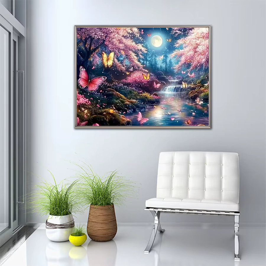 Momoart Diamant-Mosaik-Baum DIY Mondlandschaft mit Schmetterlingen und Blumen, Wandkunst in Mehrfarbig, 20 x 20 cm - Bild 3