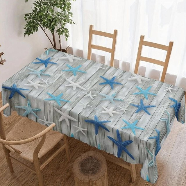 Wasserdichte quadratische Tischdecke JINGYUE Pet mit nautischem Seestern-Holz-Design in Blau, B/B: 140 x 140 cm - Bild 1