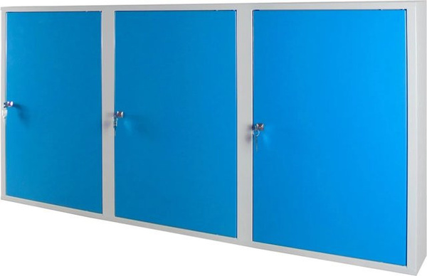 PROREGAL Werkzeugwandschrank mit 3 Türen und 4 Fachböden aus Stahlblech, H x B x T: 75 x 150 x 20 cm, Lichtgrau und Lichtblau