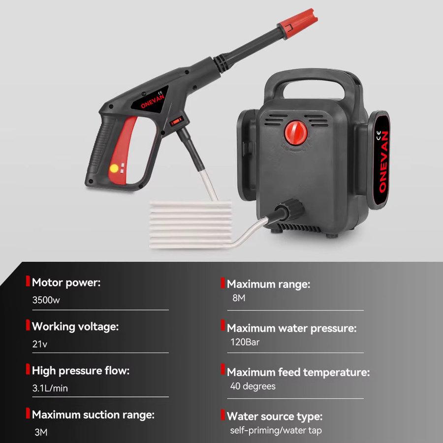 ONEVAN Elektrischer Hochdruckreiniger 3500W 120Bar Schwarz für Makita 18V Akku zur Autoreinigung und Gartenbewässerung - Bild 3