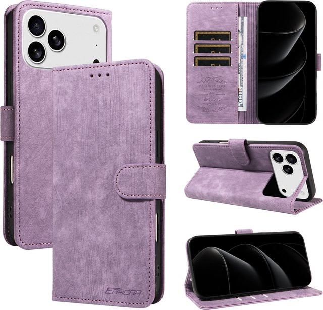 EAACAA TPU-Leder-Handyhülle für iPhone 17 Air 16 Pro Max 15 14 13 12 11 16e mit Kartensteckplatz, Ständer und Brieftaschenfunktion in Lila - Bild 1