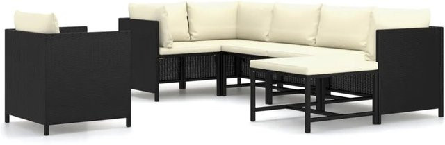 vidaXL 7-tlg Garten-Lounge-Set L-Form aus Poly Rattan und pulverbeschichtetem Stahl in Schwarz mit Kissen - Bild 1