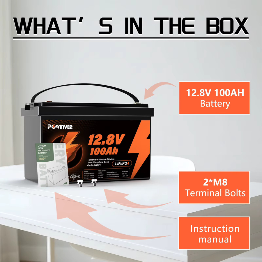 POWINVE LiFePO4 Batterie 12,8V 100Ah mit Smart BMS, 1280Wh Deep Cycle Lithium-Eisenphosphat-Akku in Schwarz für Solar, Wohnmobile und Boote - Bild 2