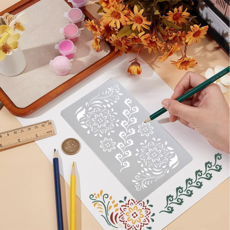 Wiederverwendbare Edelstahl-Bastelschablone mit Blumenmuster in Silber für Holzschnitzerei und Holzverbrennung - Bild 2