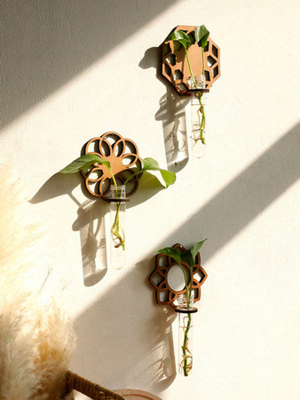 Artilady Wandpflanzgefäße Bohemian Wandbehang mit Holzständer und Kunststoff-Reagenzgläsern in Braun