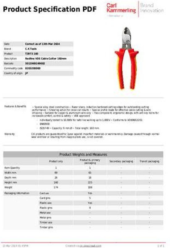 C.K Kabelschneider T3973 160 in Rot für Alu- und Kupferkabel aus gehärtetem Edelstahl - Bild 2