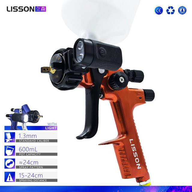 HVLP-Spritzpistole mit LED-Licht in glänzendem Orange für Lackierungen an Autos und Möbeln, 1,3 mm - Bild 1