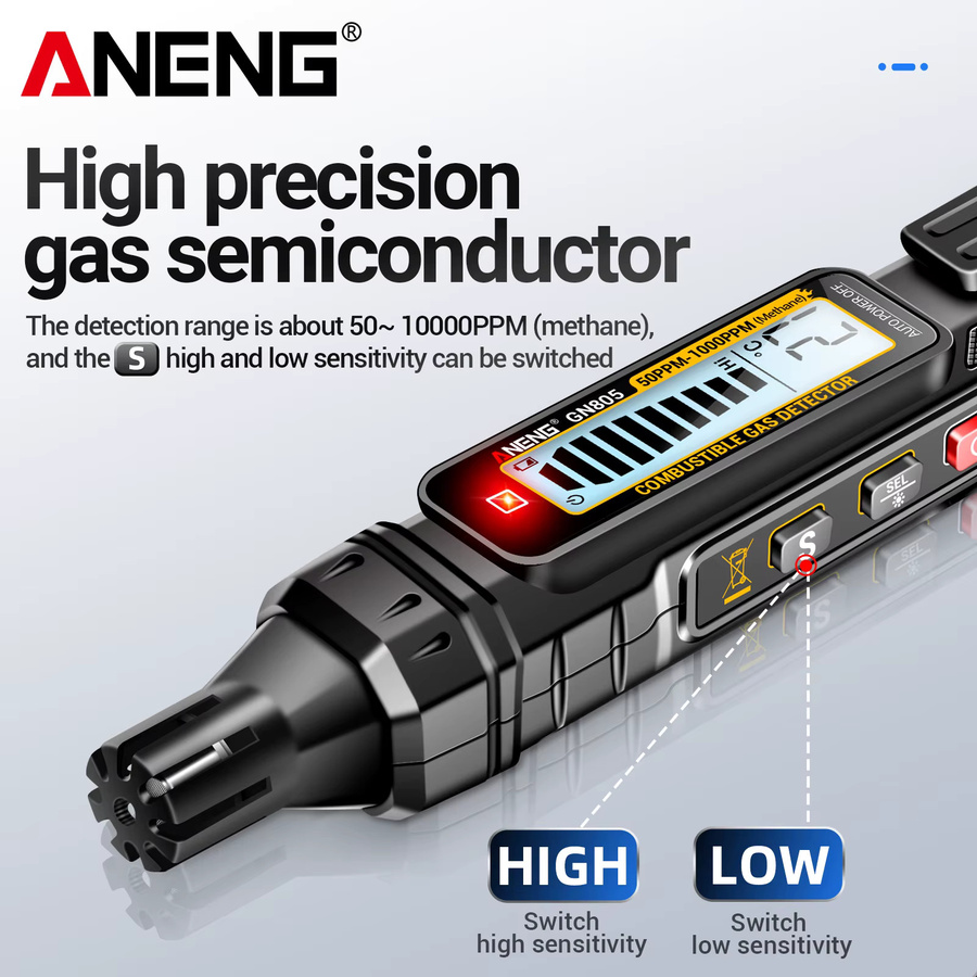ANENG GN805 Tragbarer Gasdetektor in Schwarz mit Ton- und Lichtalarm und einstellbarer Empfindlichkeit für Auto und Zuhause - Bild 5
