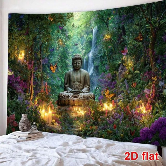 VIKAMA Wandteppich Zen-Wald mit Buddha-Statue und Wasserfall, Mehrfarbig, Rechteckig - Bild 1