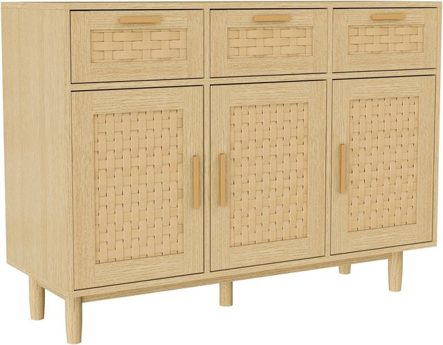 PXloue Buffetschrank Sideboard aus Massivholz mit Schubladen in Beige im Bohème-Stil, B/T/H: 108 x 40 x 80 cm - Bild 1