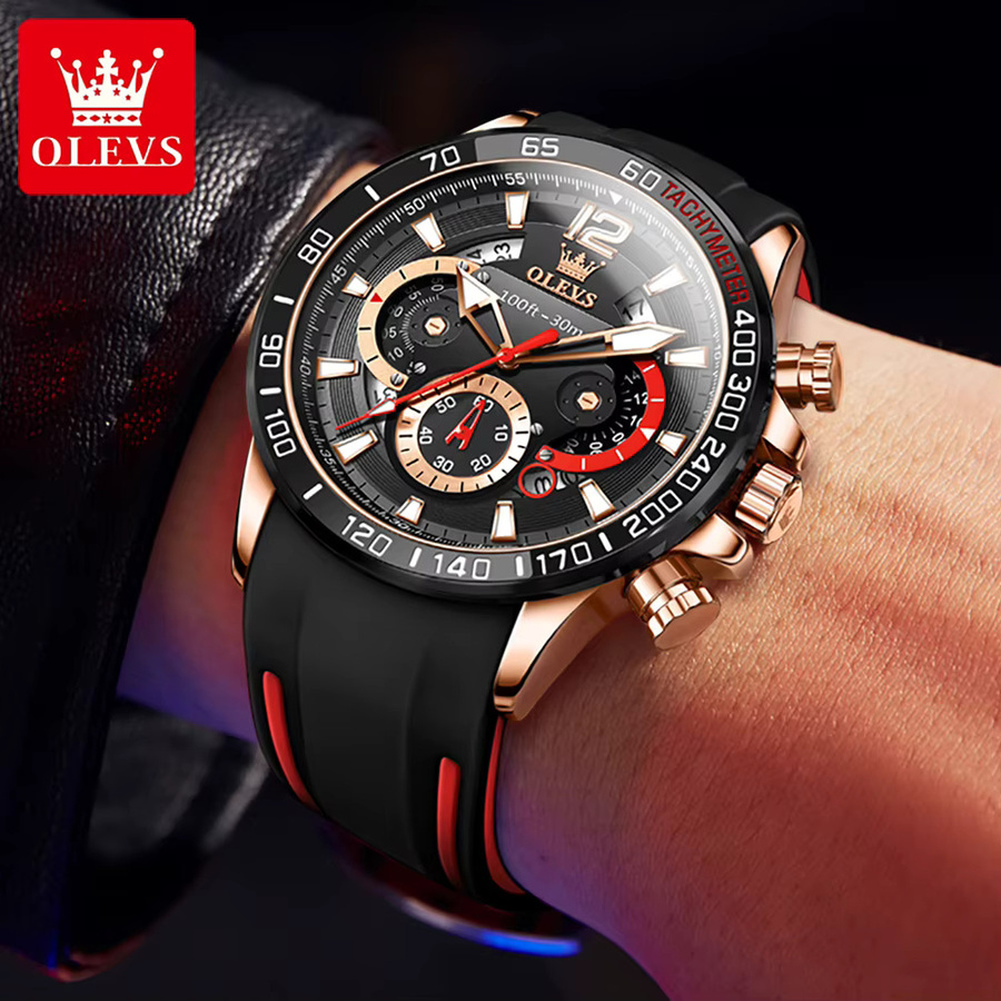 OLEVS Chronographenuhr, Quarz, Edelstahl, Kautschukarmband, Schwarz, Herren - Bild 2