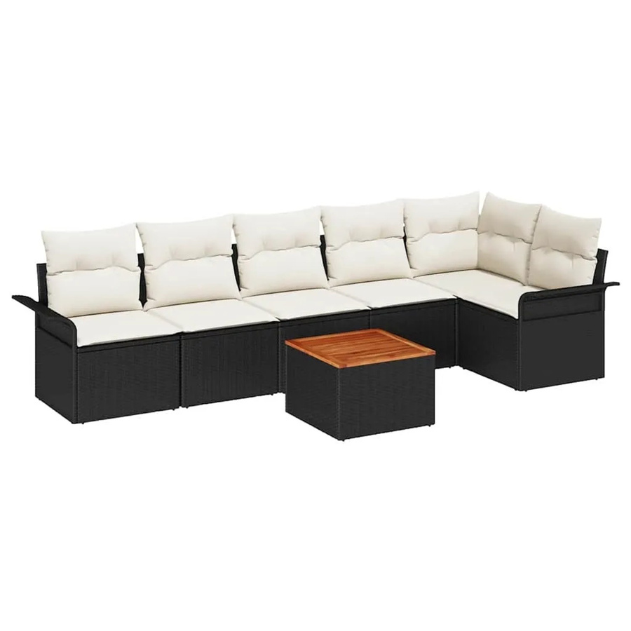 vidaXL 7-teiliges Gartensofa-Set aus Polyrattan und Akazie mit Kissen in Schwarz-Creme - Bild 2