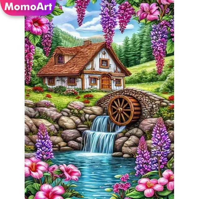 Momoart 5D-Diamantgemälde zum Selbermachen Hauslandschaft mit Fluss, rund, mehrfarbig, Durchmesser: 20,0 cm - Bild 1