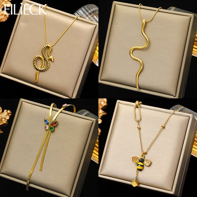 EILIECK Halskette, Edelstahl, Gold, Schlange Biene Schmetterling, Damen - Bild 1