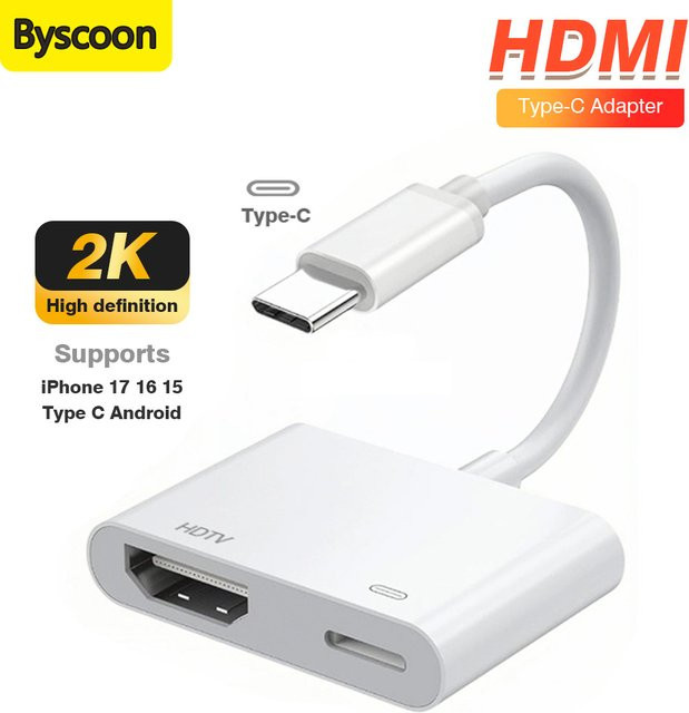 Byscoon USB-C auf HDMI Adapter in Weiß für iPhone, iPad und Huawei zur Verbindung mit HDTV, Projektor oder Monitor, unterstützt 2K und 1080P - Bild 1