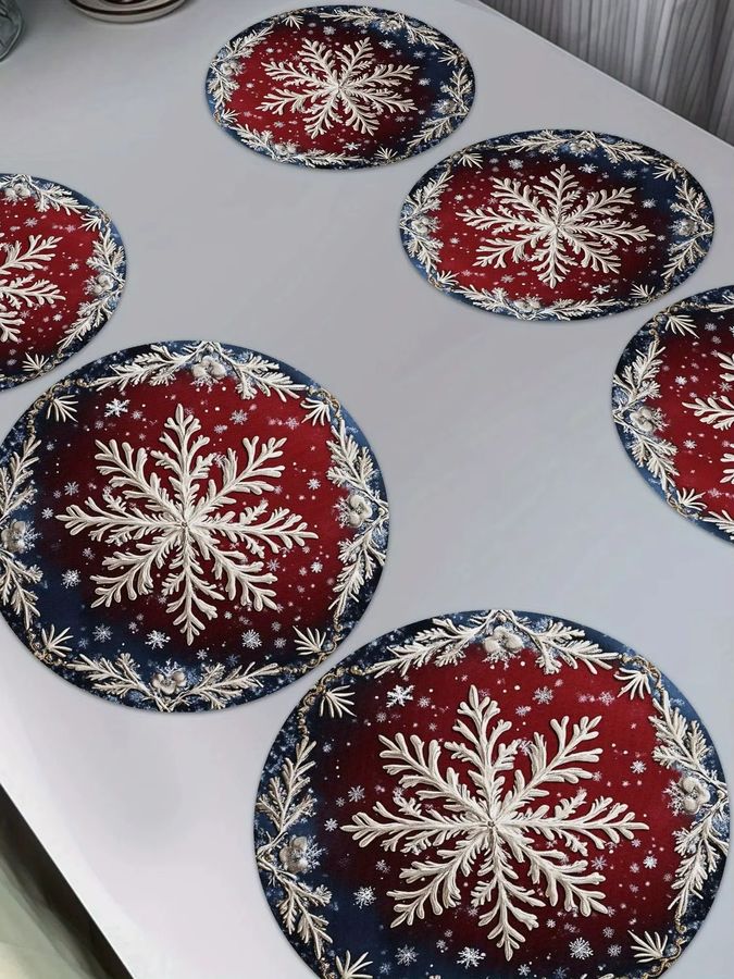 VIKAMA 6-teiliges Tischset-Set mit Schneeflocken-Kiefernzweig in Rot und Multicolor für die Weihnachtsdekoration - Bild 4