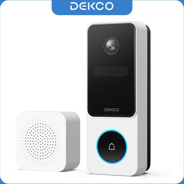 Dekco Kabellose Video-Türklingel mit 3MP Kamera, Gegensprechanlage und Personenerkennung, 2.4G Wi-Fi Smart-Türklingel mit Glocke und Alexa-Unterstützung, Weiß - Bild 1