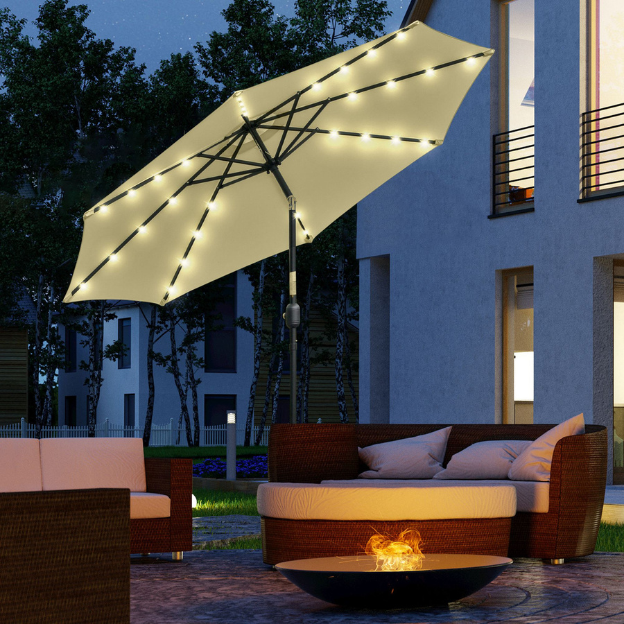 Outsunny Kippbarer Gartenschirm Beige mit 32 Solar-LEDs und Kurbel, Ø 265 cm, aus Stahl und Polyester - Bild 2