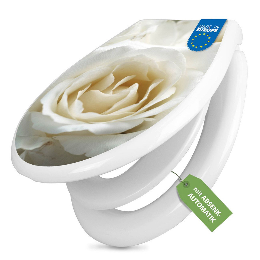 banjado Klobrille mit Kindersitz und Absenkautomatik in Weiss mit Motiv White Roses, ovale Toilettendeckel mit Soft-Close-Funktion - Bild 1