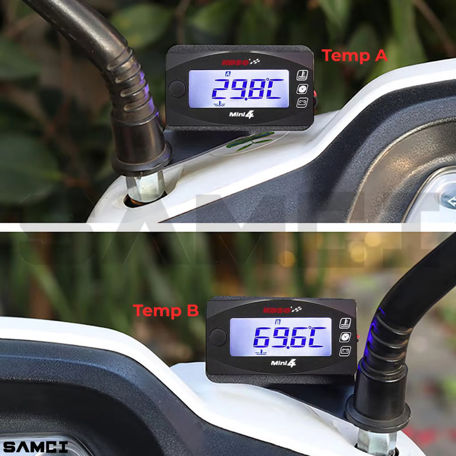 KOSO Mini 4-in-1 Motorrad-Wasserthermometer mit Dual-Temperatur-LCD-Digitalanzeige für Öl- und Wassertemperatur, Zeit und Volt in Schwarz - Bild 2
