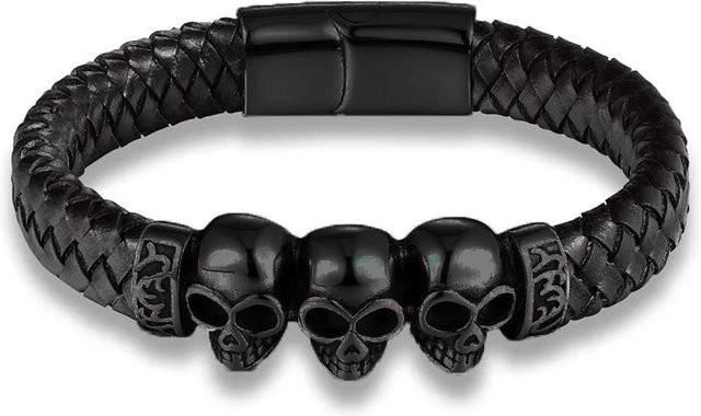 Armband Edelstahl, geflochtenes Leder, Totenkopf, schwarz, Herren, 23cm - Bild 1
