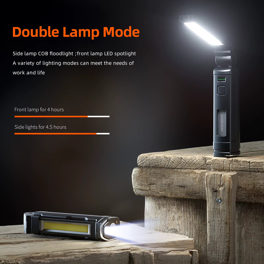 SUPERFIRE LED Arbeitsleuchte und COB-Taschenlampe in Schwarz mit verstellbarem Magnetfuß und wiederaufladbarem Akku - Bild 2