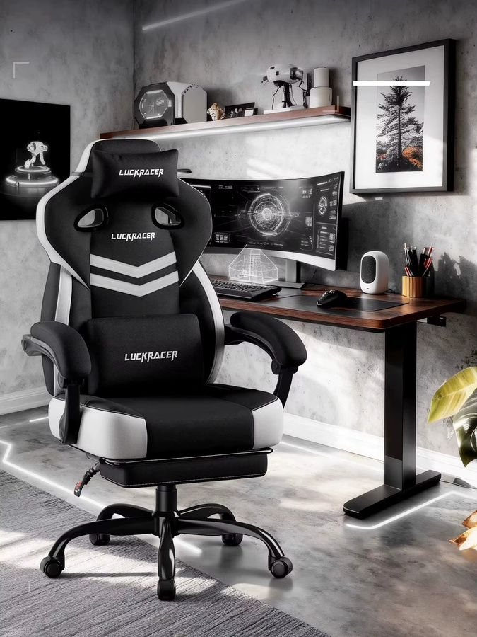 LUCKRACER Gaming Stuhl in Schwarz mit verbundenen Armlehnen, Memory-Schaum-Kissen, Fußstütze und Kopfstütze aus Kunstleder - Bild 5
