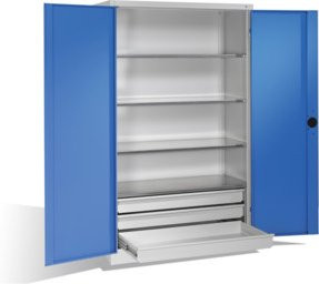 C+P Schwerlastschrank mit Drehtüren, 4 Böden und 3 Schubladen, Front Lichtblau, Korpus Lichtgrau, H x B x T: 195 x 120 x 50 cm - Bild 1