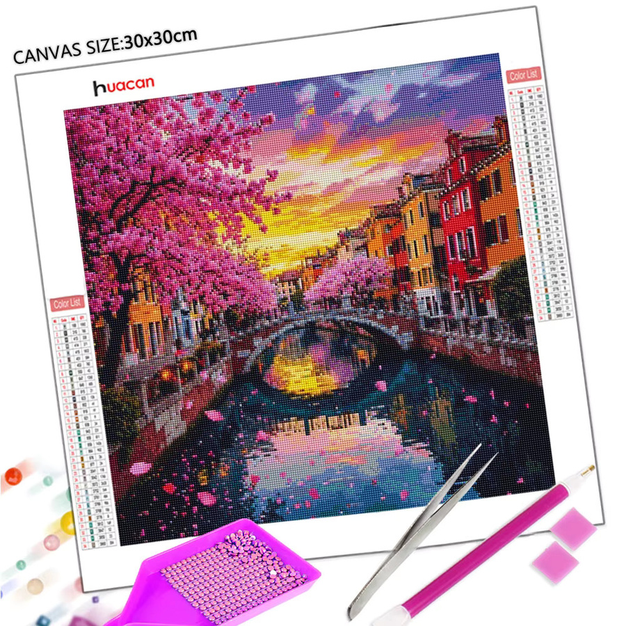 Huacan Diamantmalerei Landschaft mit Sonnenuntergang Stadt und Fluss, abstrakte Diamantstickerei in Multicolour, B/H/T: 20 x 20 x 20 cm - Bild 2