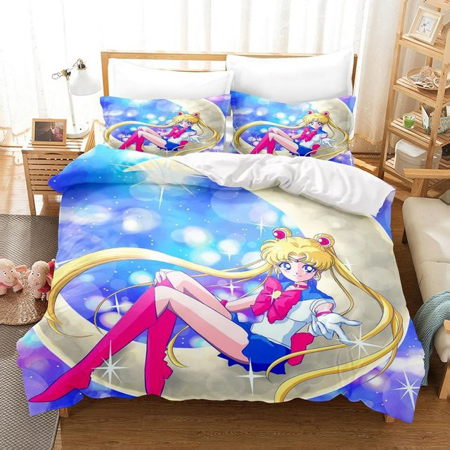 Sailor Moon Bettwäsche Set mit Deckenbezug und Kissenbezug in Blau, 3D Design für Kinder, B/H: 140 x 210 cm - Bild 1