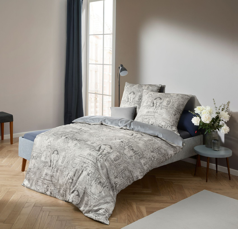 Fleuresse Mako-Satin Bettwäsche mit Elefanten-Motiv in Orient Blau und Grau, Wendebezug, Breite: 155 cm, Höhe: 220 cm - Bild 1