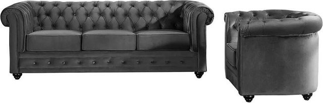 Vente-unique Chesterfield Couchgarnitur aus Samt mit 3-Sitzer-Sofa und Sessel in Anthrazitgrau, Breite: 205 cm, Tiefe: 82 cm - Bild 1
