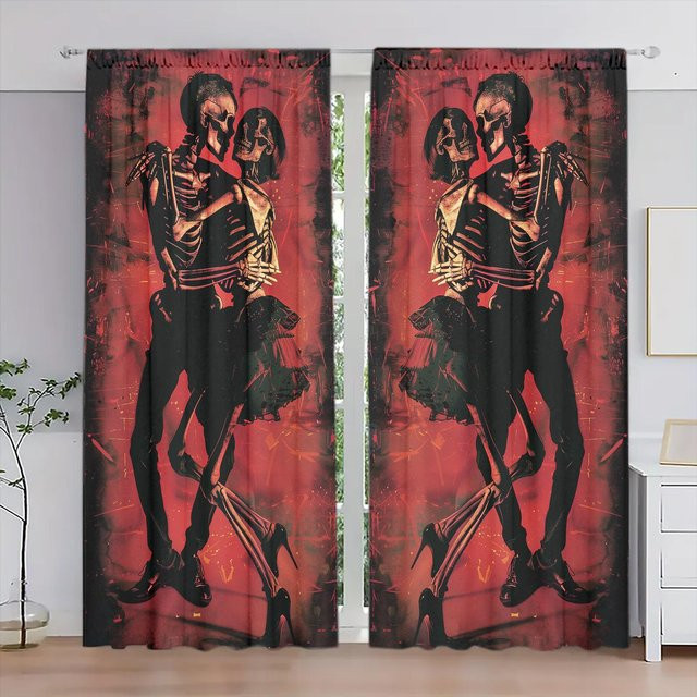 2er-Set Halloween Vorhang mit Skelett-Tanz-Print in Schwarz, halbtransparent, Breite: 52,5 cm, Höhe: 116 cm - Bild 1