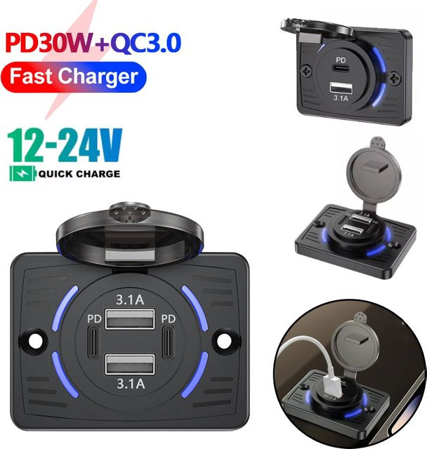 Kebidumei Dual USB Ladegerät mit PD30W und QC3.0 für Auto, Bus und RV, Wasserdichte USB Steckdose in Schwarz, 12V/24V - Bild 1