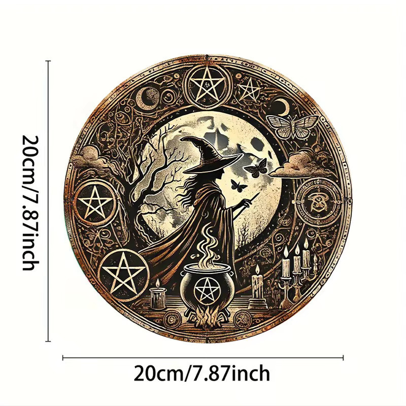 Potdemiel Retro Hexen Wandkunst aus Aluminium in Gold, runde Metall-Wanddekoration mit Kessel- und Mond-Design, Durchmesser: 20 cm - Bild 2
