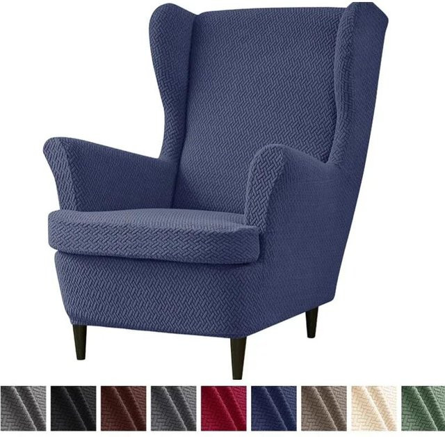 Einfarbiger Jacquard Ohrensesselbezug aus Stretch-Spandex in Blau mit Sitzkissenbezug - Bild 1